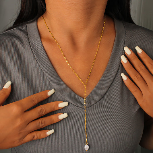 Elegant Pearl Pendant Necklace With 18K Gold Plating Sweater Chain For Women