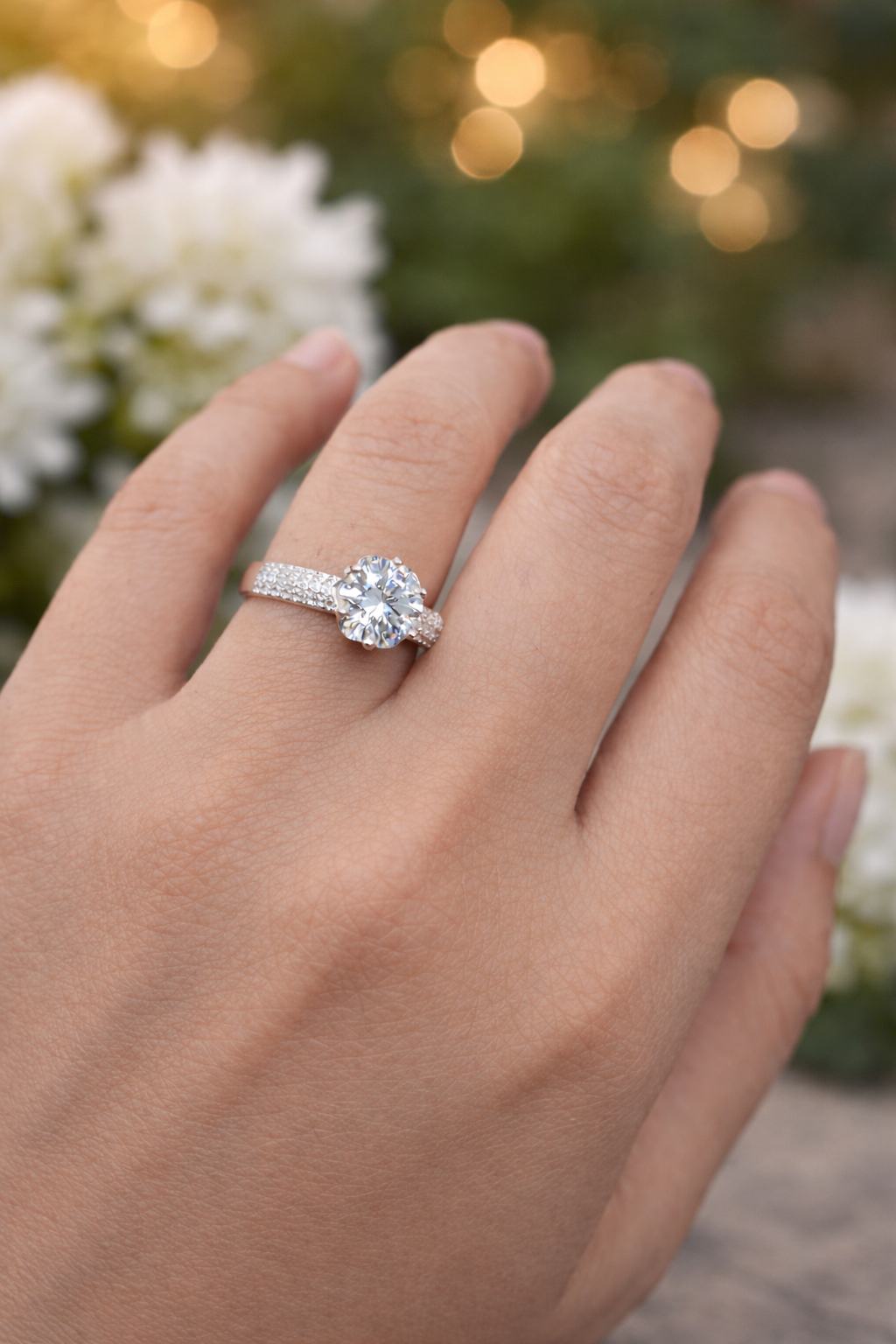 Silver Petal Solitaire Ring For Women