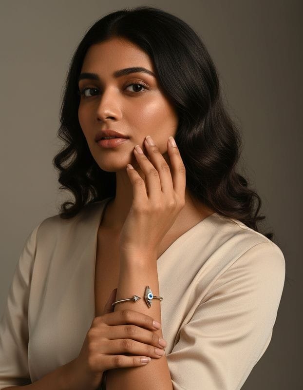 Silver Cuff with Evil Eye 925 Free Size Bracelet