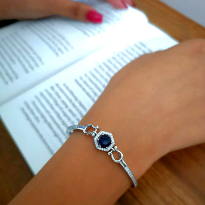 Blue Plated Sapphire & Cubic Zirconia Studded Tennis Woman Silver 925 Bracelet