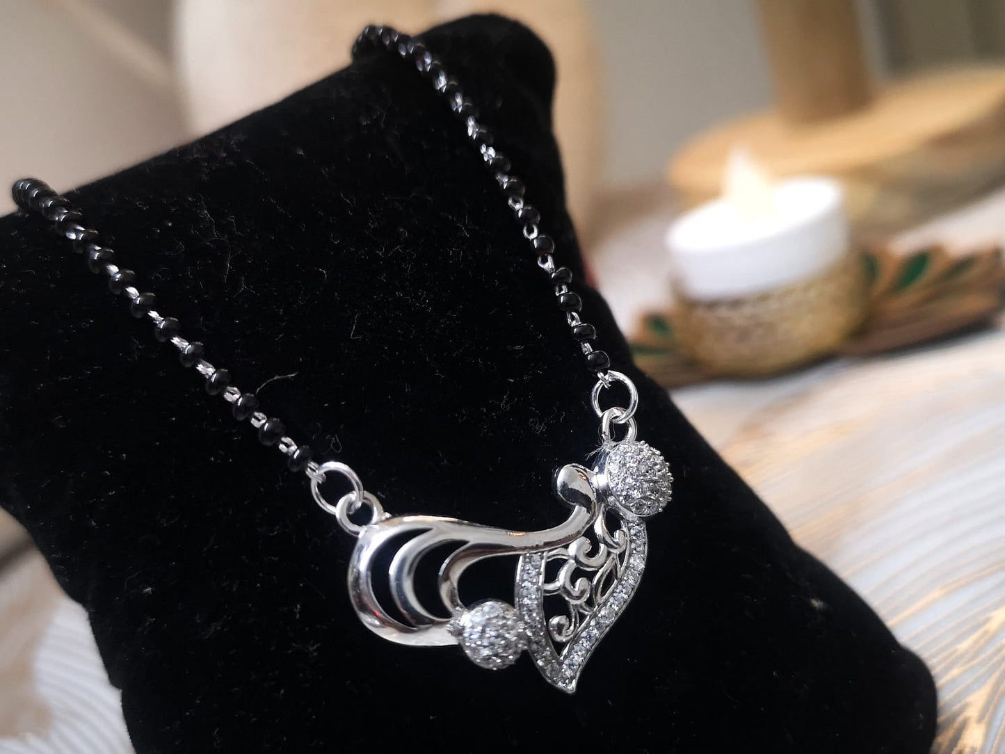 KAAVI Floral Leafy Heart Modern Stylish Pure 925 Silver Mangalsutra