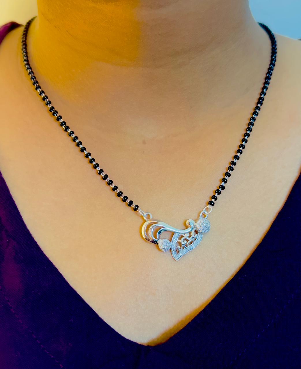 KAAVI Floral Leafy Heart Modern Stylish Pure 925 Silver Mangalsutra