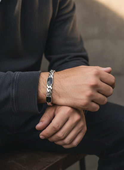 925 Silver Cuban link Enamel bracelet with onyx inlays