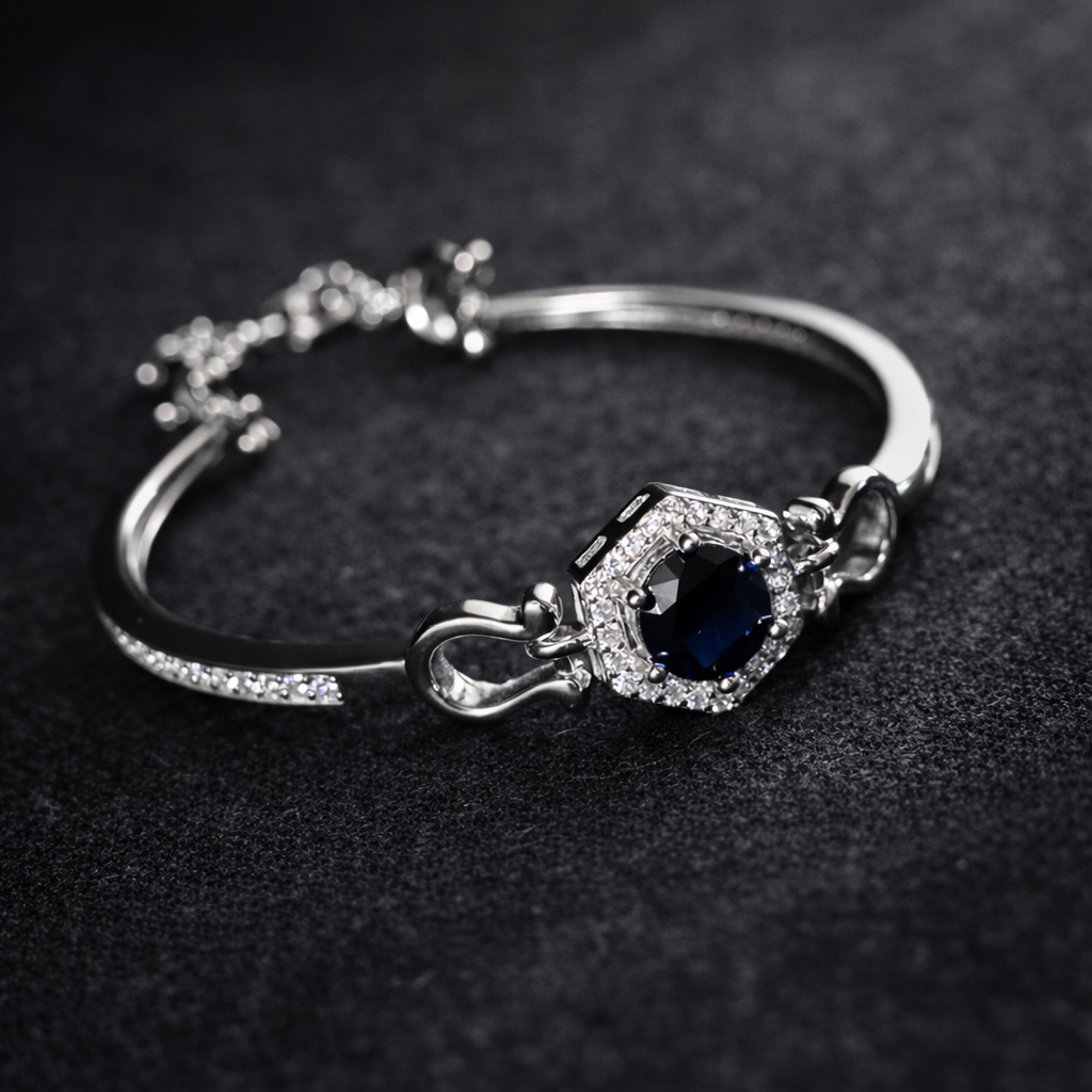 Blue Plated Sapphire & Cubic Zirconia Studded Tennis Woman Silver 925 Bracelet