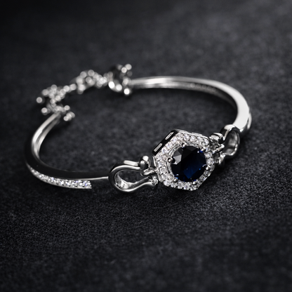 Blue Plated Sapphire & Cubic Zirconia Studded Tennis Woman Silver 925 Bracelet