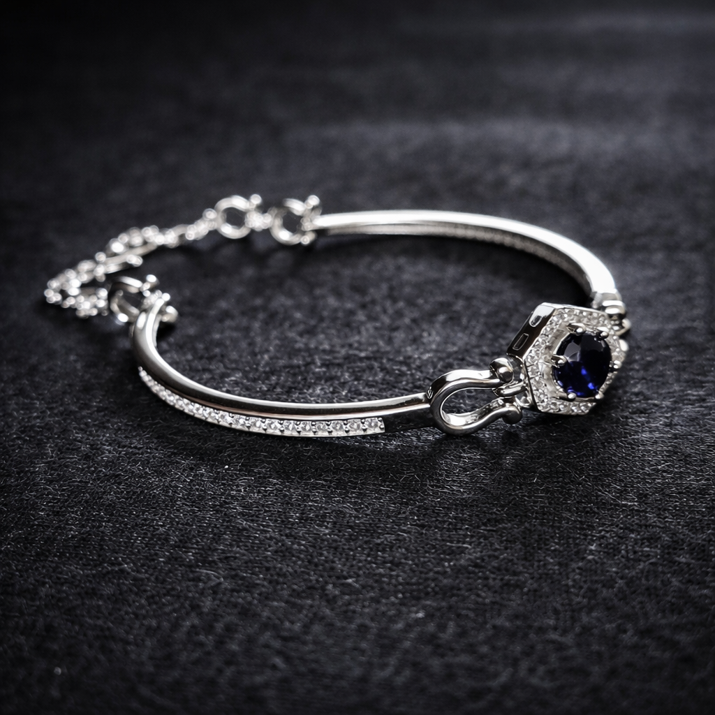 Blue Plated Sapphire & Cubic Zirconia Studded Tennis Woman Silver 925 Bracelet