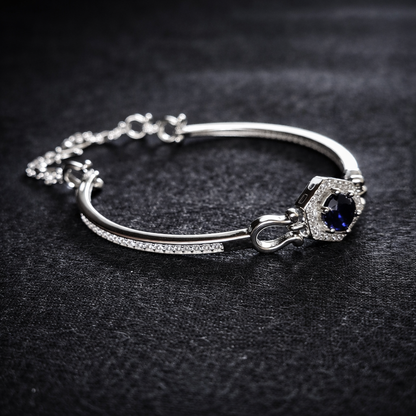 Blue Plated Sapphire & Cubic Zirconia Studded Tennis Woman Silver 925 Bracelet