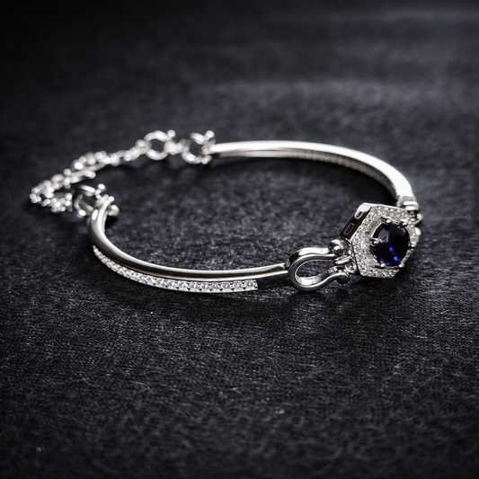 Blue Plated Sapphire & Cubic Zirconia Studded Tennis Woman Silver 925 Bracelet