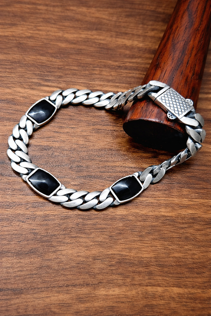 925 Silver Cuban link Enamel bracelet with onyx inlays