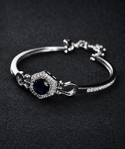 Blue Plated Sapphire & Cubic Zirconia Studded Tennis Woman Silver 925 Bracelet