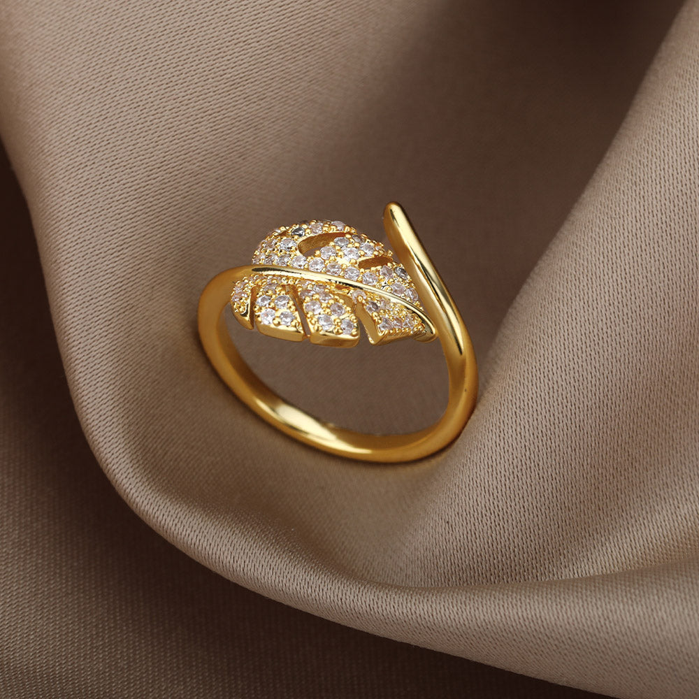 Elegant Leaf Open Ring For Women Golden Stainless Steel Anti Tarnish Ring