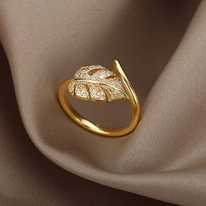 Elegant Leaf Open Ring For Women Golden Stainless Steel Anti Tarnish Ring