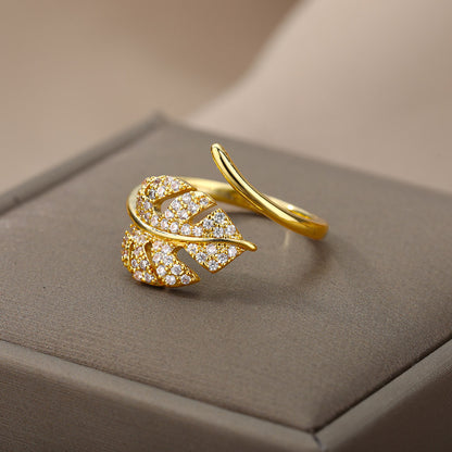 Elegant Leaf Open Ring For Women Golden Stainless Steel Anti Tarnish Ring