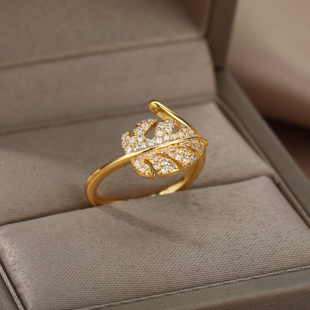 Elegant Leaf Open Ring For Women Golden Stainless Steel Anti Tarnish Ring