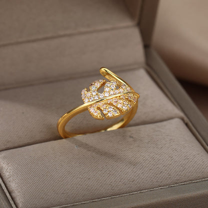 Elegant Leaf Open Ring For Women Golden Stainless Steel Anti Tarnish Ring