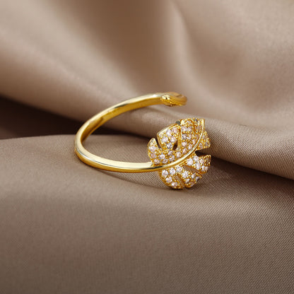 Elegant Leaf Open Ring For Women Golden Stainless Steel Anti Tarnish Ring