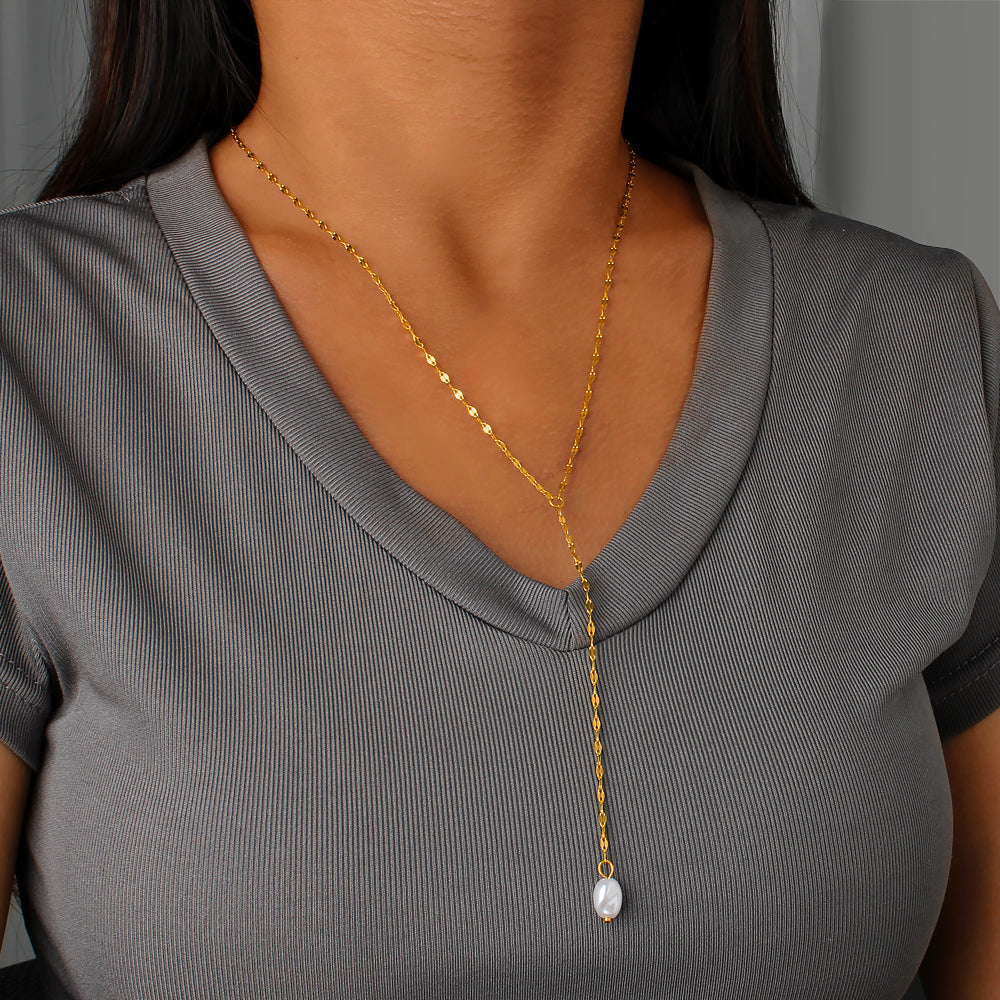 Elegant Pearl Pendant Necklace With 18K Gold Plating Sweater Chain For Women