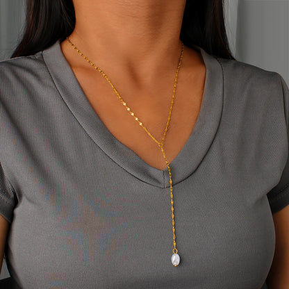 Elegant Pearl Pendant Necklace With 18K Gold Plating Sweater Chain For Women