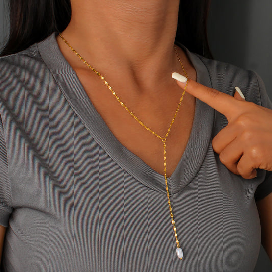 Elegant Pearl Pendant Necklace With 18K Gold Plating Sweater Chain For Women